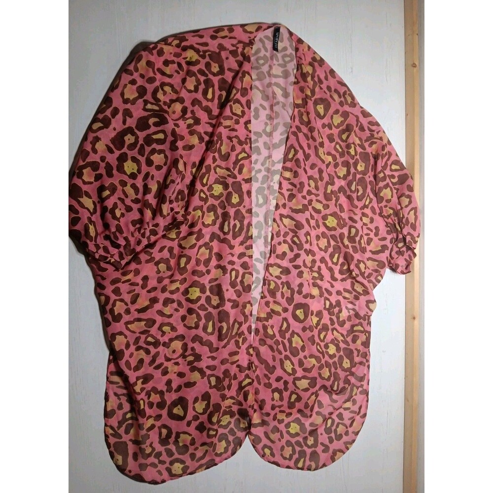 Spot Lite L.A. Long line Sheer Pink Animal Print Open Front Cardigan Size L *PIC